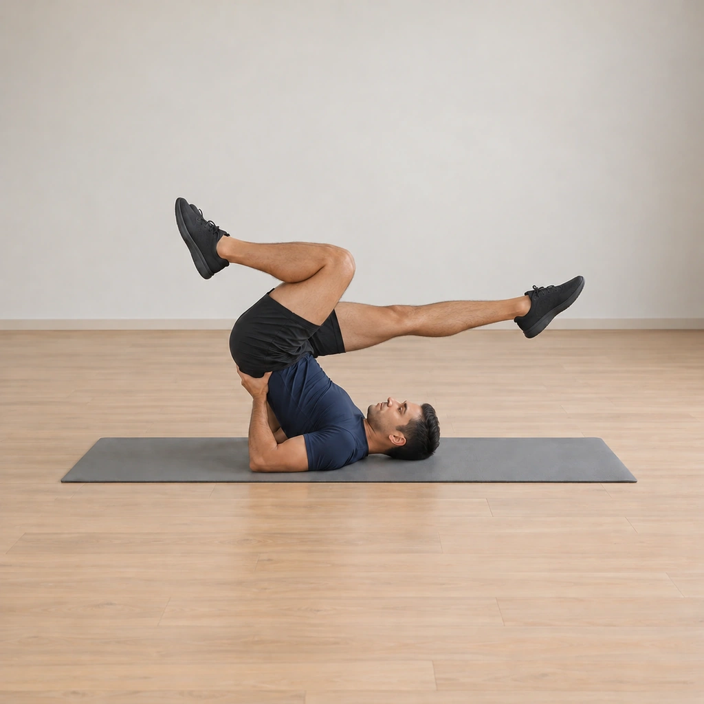 His reaching heel draws back up as the opposite leg extends far toward the floor, the pedaling exchange mid-cycle in the supported stand.