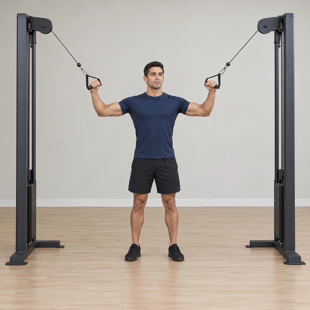 He stands centered between the two high pulleys, a handle in each hand, upper arms held out parallel to the floor, palms facing him, elbows extended wide.