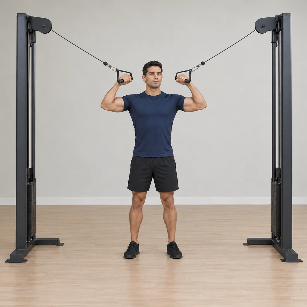 He curls both handles inward toward his head, forearms flexing while the upper arms stay parallel to the floor and stationary.