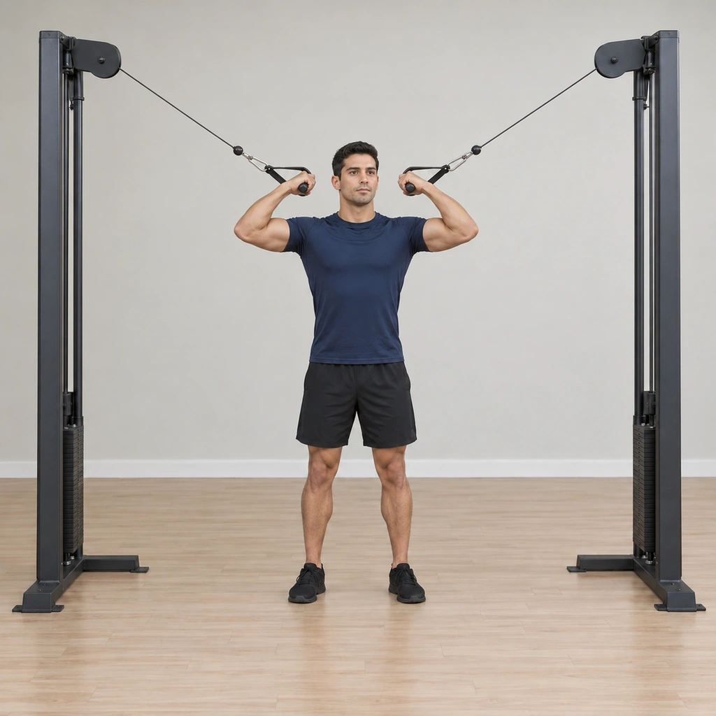 He holds the finish with both handles sat next to his ears, upper arms still parallel to the floor, biceps squeezed.