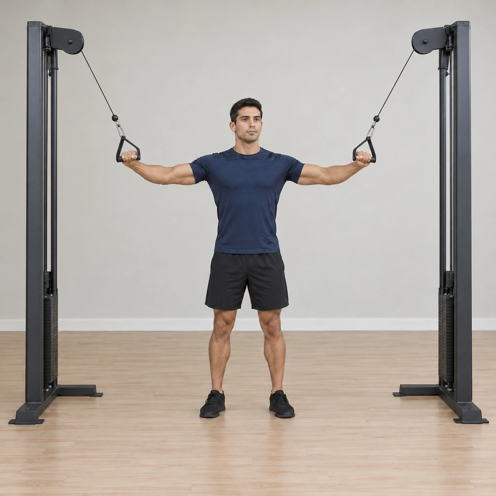 He extends both forearms back out toward the parallel-arm start, the handles travelling wide while the upper arms stay parallel to the floor.