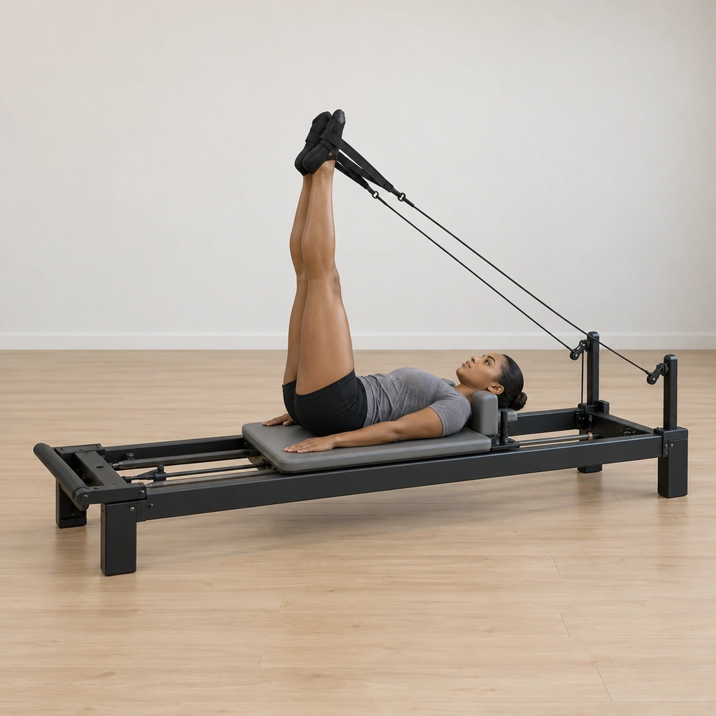 She lies supine on the carriage with the short strap loops on her feet, her legs reaching up, her arms pressing down by her sides and the strap lines drawn taut to the risers.