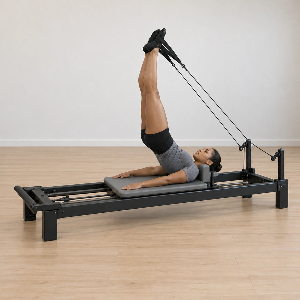 Her legs have pressed out as her hips lift up and over toward the shoulder-stand line, her feet pressing into the straps and her arms still pressing down.