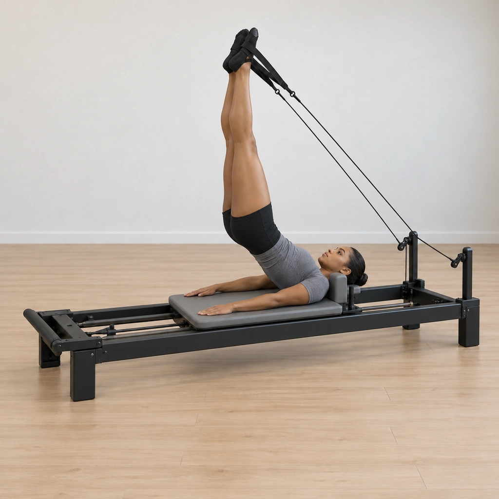 She is held in the tower-like position, her legs reached to the sky on the straps, her seat elevated off the carriage with her weight on her shoulder girdle and her arms pressing down.