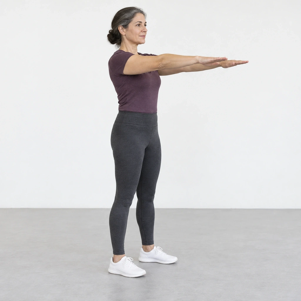 Woman standing tall with her feet flat and both arms reaching straight forward at shoulder height.