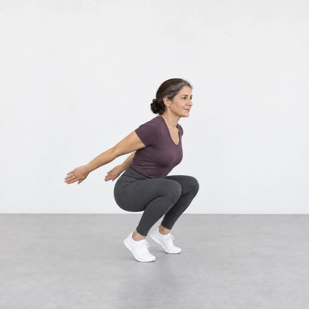 Woman in a deep squat on the balls of her feet with her heels lifted and both arms swung back behind her.