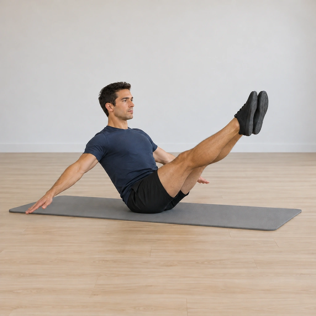 His hugged legs have come back up to eye height completing the circle, his V-seat intact, his arms still reaching back toward the mat.