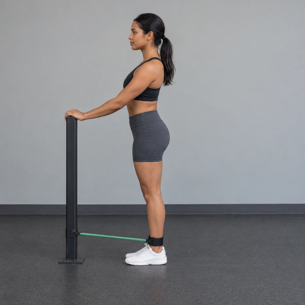 A woman standing upright facing a fixed post, both hands holding it, a band running from the post to a cuff on her right ankle.