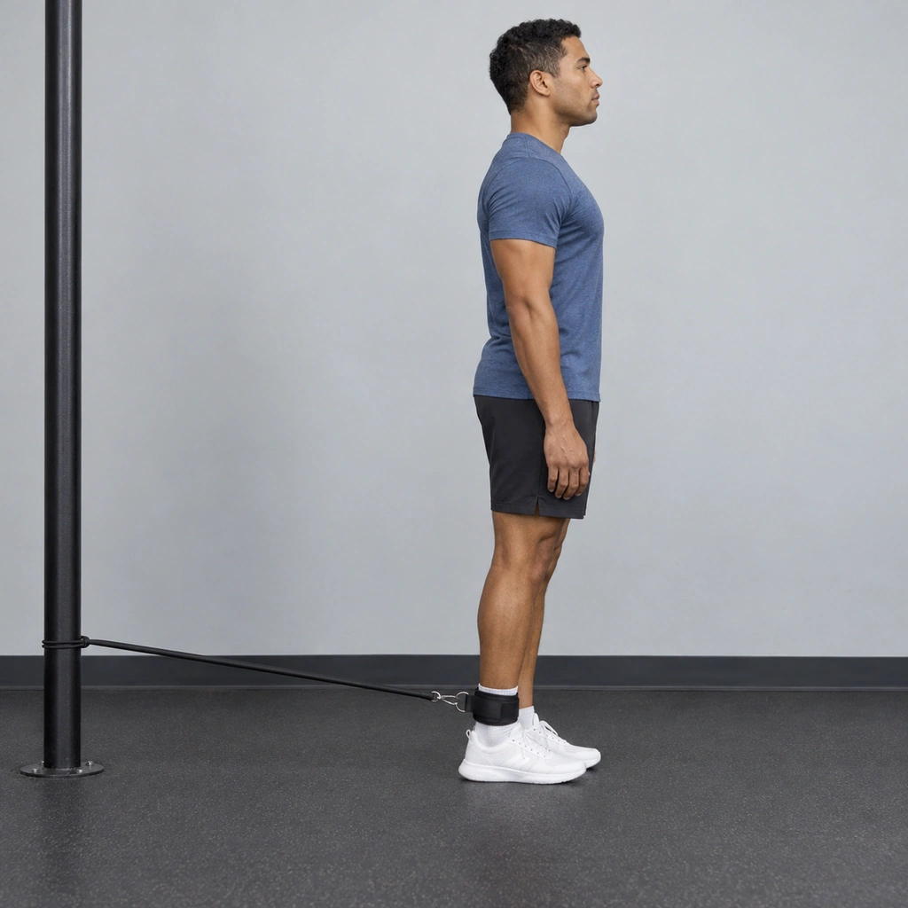 A man standing with a resistance band running from a low post behind him to his right ankle, his right leg lowered beside his standing leg.