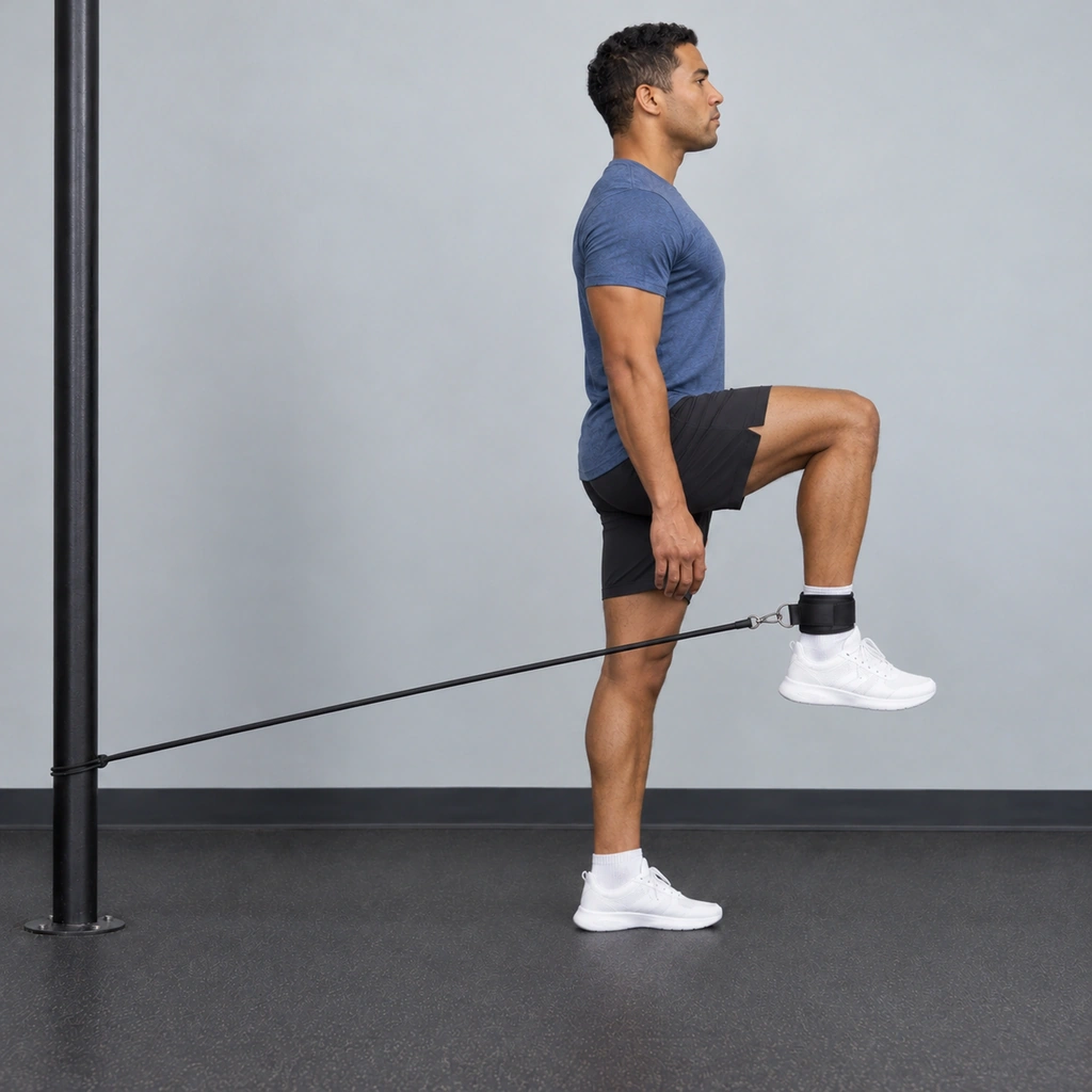 The same man, his right knee now raised and paused at hip height, the band stretched taut behind him to the post.