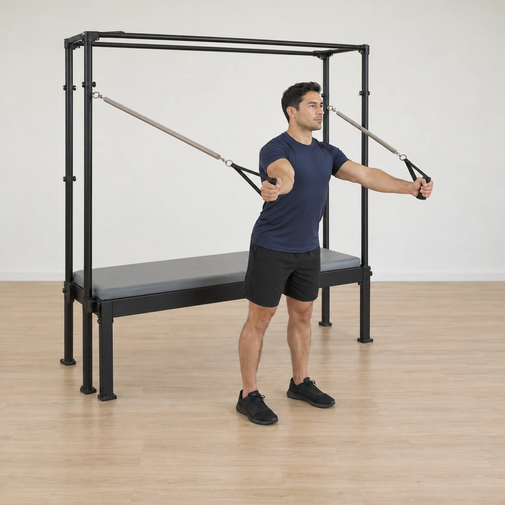 His arms are partway forward from wide, still long, the springs stretched as the reach travels from his back toward the front.