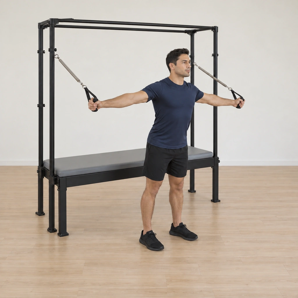 His arms are opening back wide against the springs under control, the handles still vertical, the lean still in the heels.