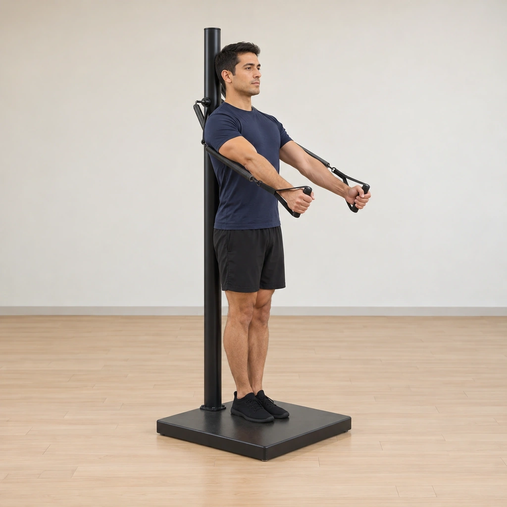 He stands on the ped-o-pul platform with his heels together and toes apart, his spine resting up along the pole, handles in his hands and his arms reached forward at shoulder level.