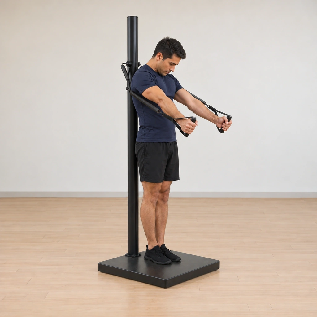 His head and chest are rounded forward off the pole into the hundred curl, his arms reached forward at chest height, his legs hugged together on the platform.
