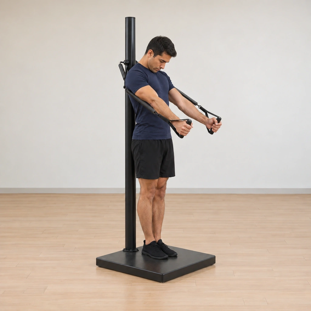 His curled upper body hovers off the pole while his arms pump in small vertical beats against the spring handles, his legs still hugged together beneath him.
