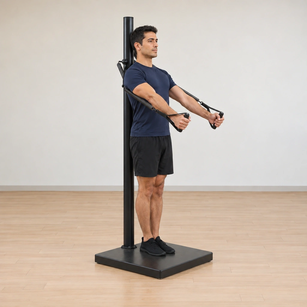 He is lifted back to tall standing with his spine settling onto the pole, his arms still reached forward and his heels together on the platform.