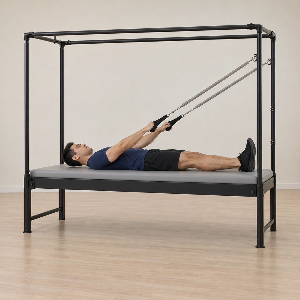 He lies supine on the table top with his feet toward the arm-spring end, a loop handle in each hand held just off the mat by his hips, his legs squeezed together and his head resting.