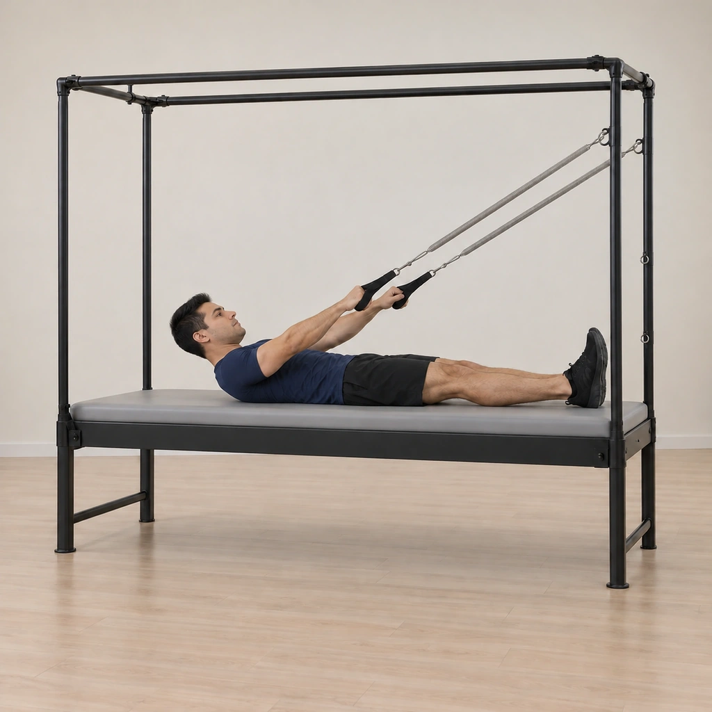 His head and chest have curled up to a controlled height against the spring pull, his arms reaching long with the handles, his legs still hugged together on the mat.