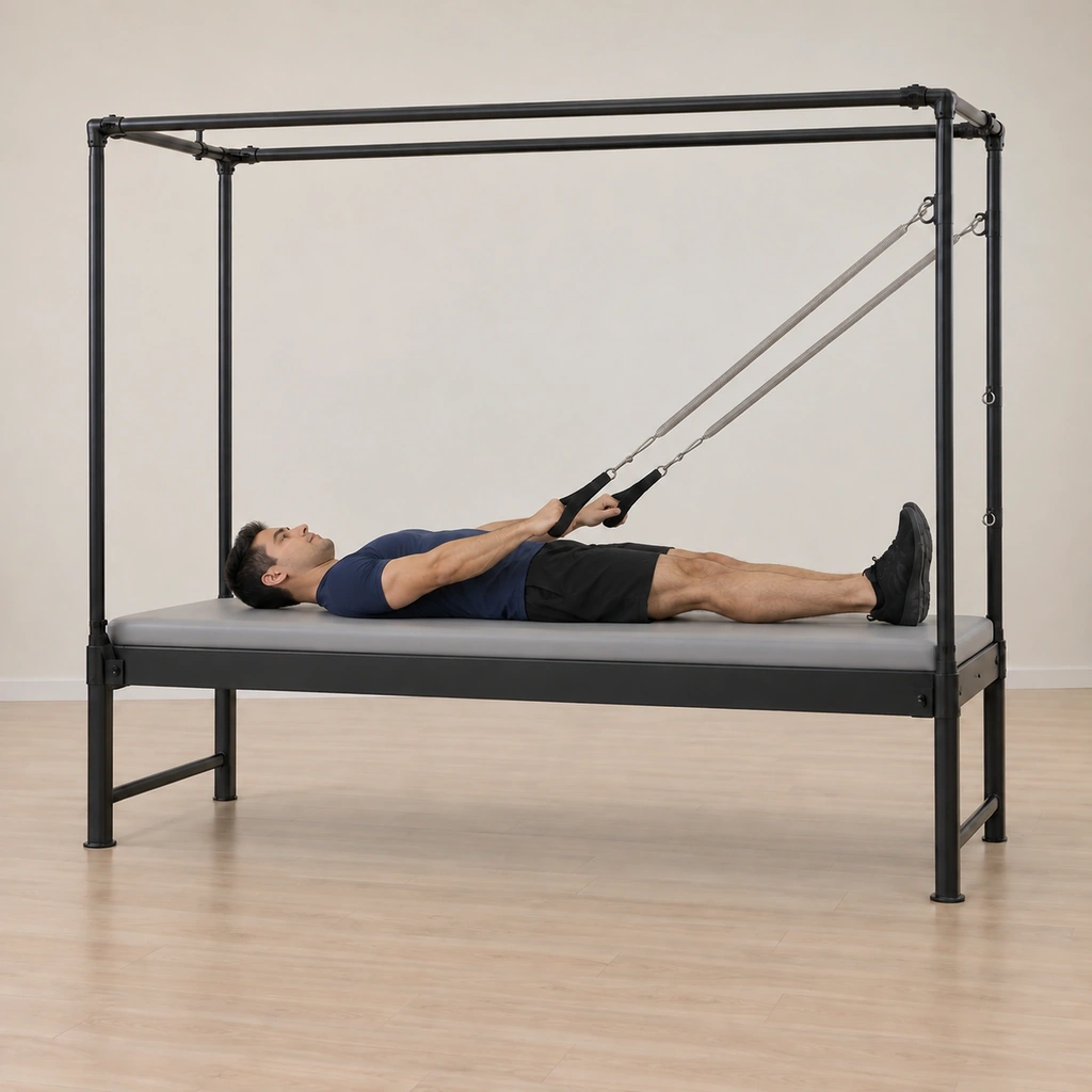 His head and chest are lowering back toward the table in one controlled line, his arms easing the handles down, his legs back on the mat still squeezed together.