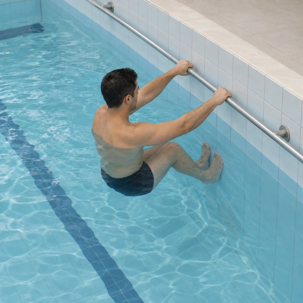A man sunk lower toward the wall, knees bent deeper, feet still flat on the tiles, both hands still on the bar, his hips drawn toward the wall.