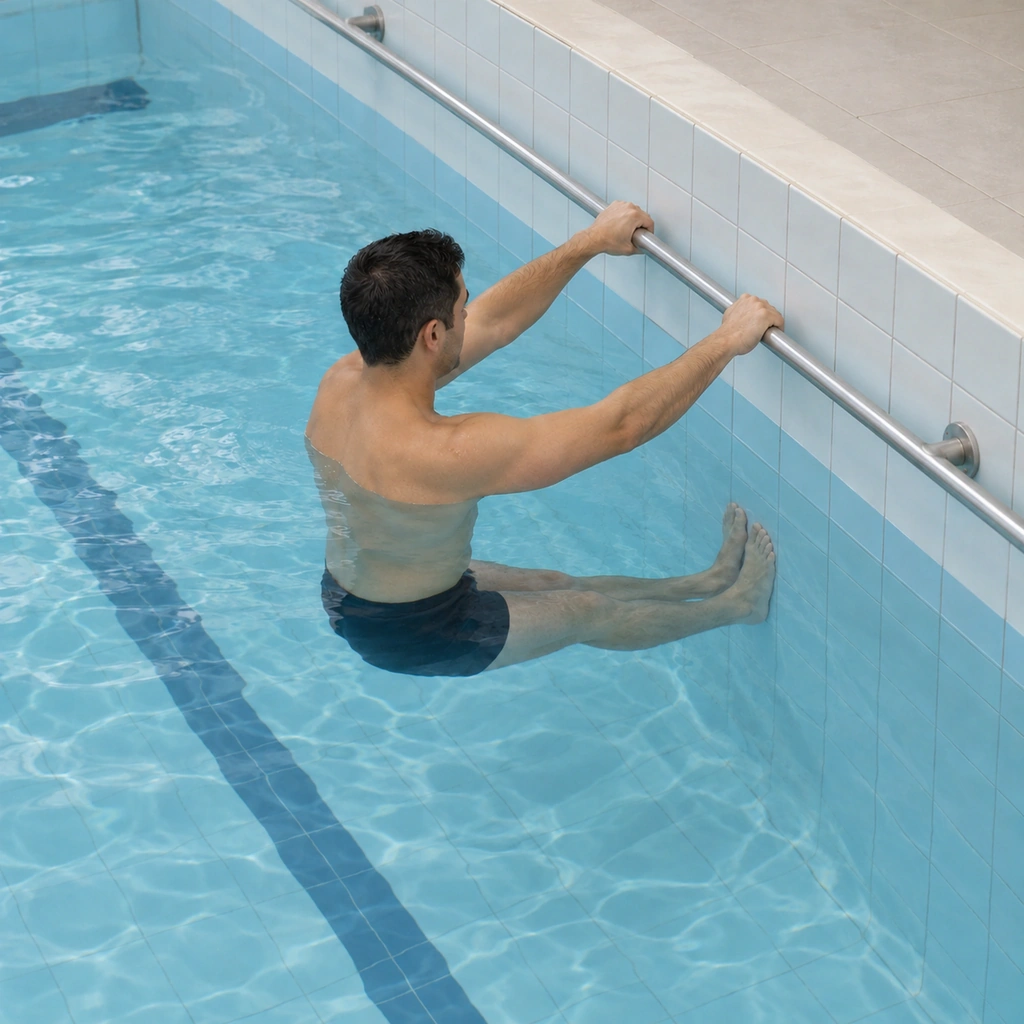 A man pressing his legs straight against the wall, his body back away from the tiles, feet still flat, hands still holding the bar, the knees near full extension.