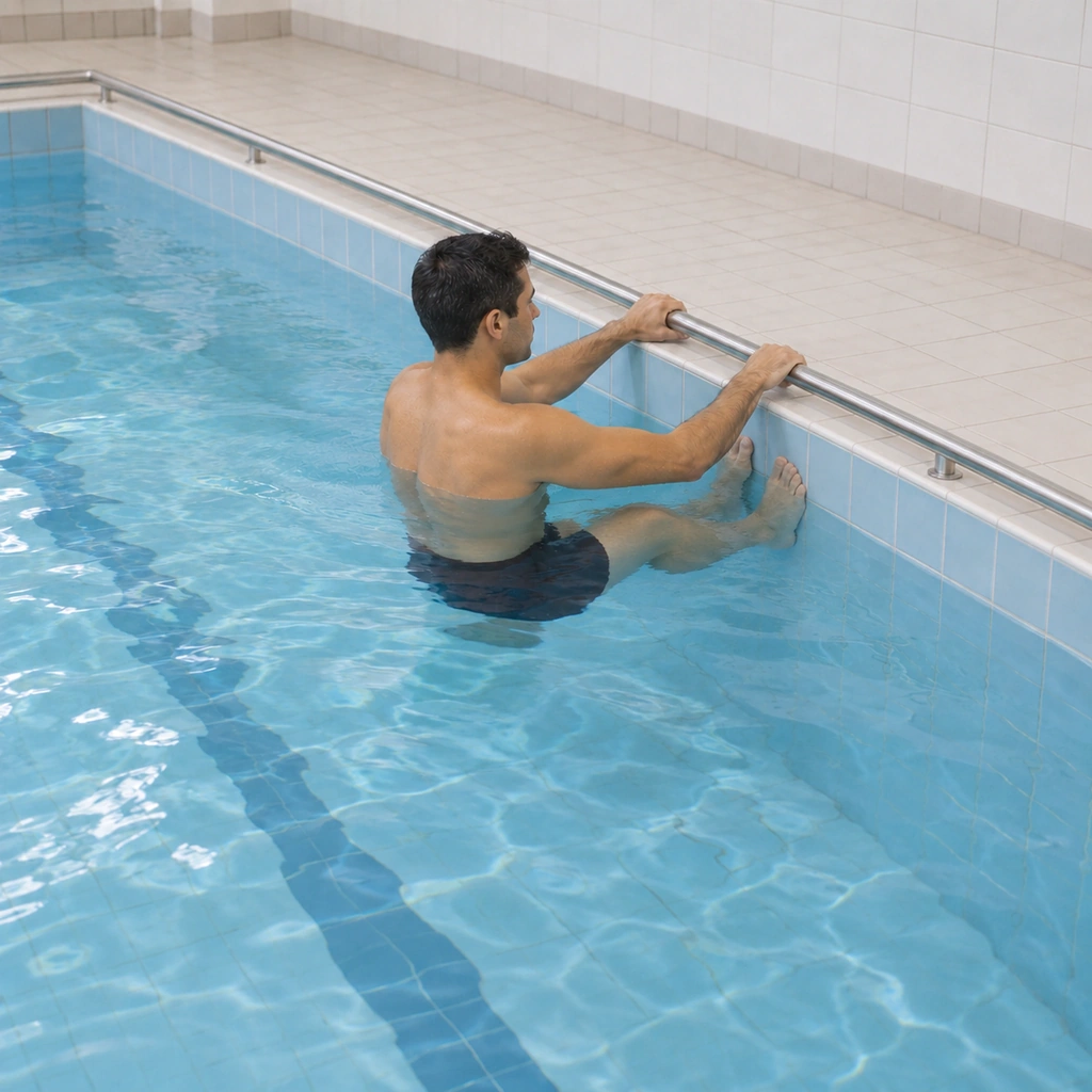A man holding the pool edge with his feet pressed high on the tiled wall just below the waterline, his body leaned slightly back from the wall, knees bent, ready to move along the edge.