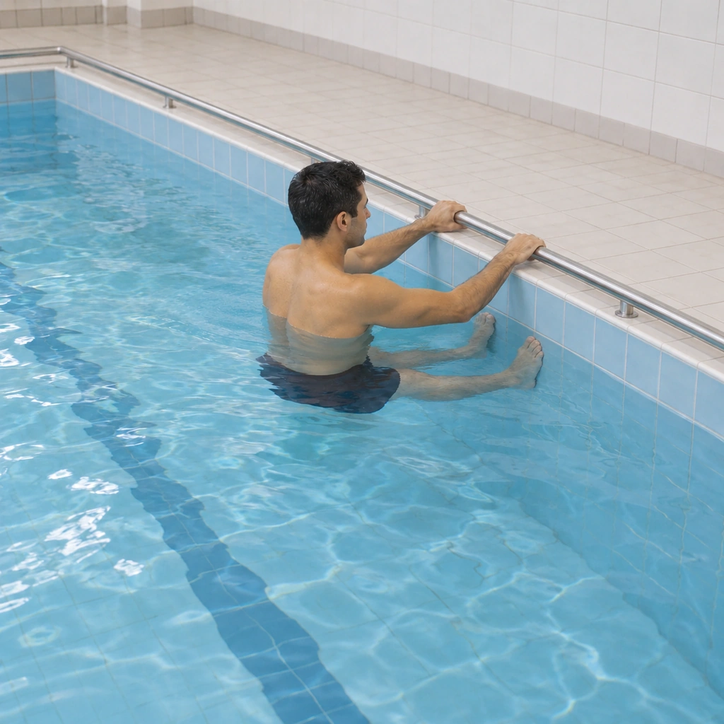 A man mid side-step along the pool edge, the nearer foot lifted and moving sideways along the wall while the other holds, both hands still gripping the edge rail.