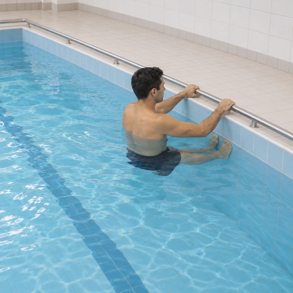 A man further along the pool edge, both feet replanted on the wall ahead of where he started, hands still on the edge rail, the traverse continuing.