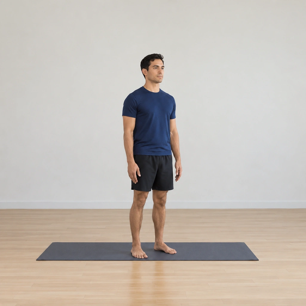 He stands on the mat in the natural stance, the arms hanging low, the body settled and upright, ready to rise.