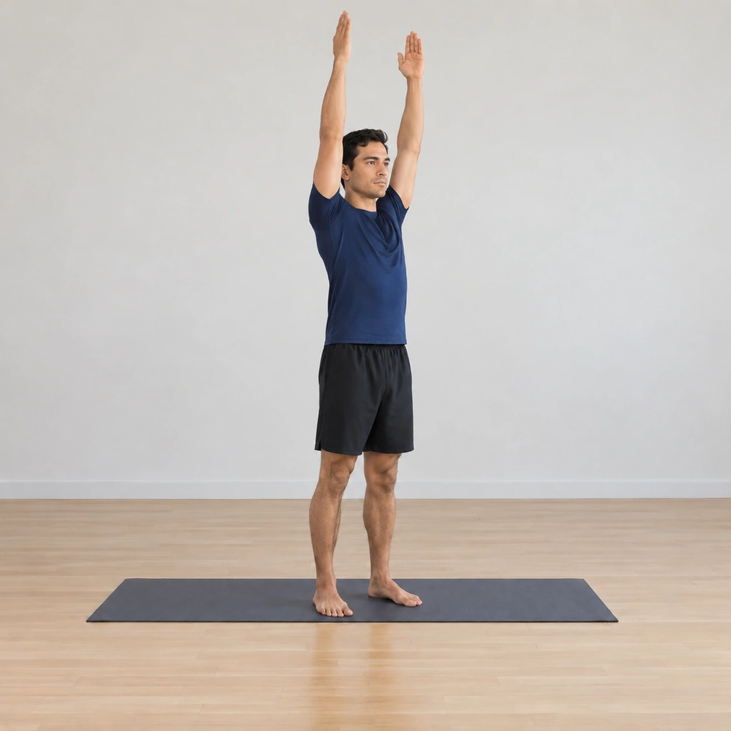 He rises both arms together overhead, the palms turning up, the arms extending in a paired lift to the high line.