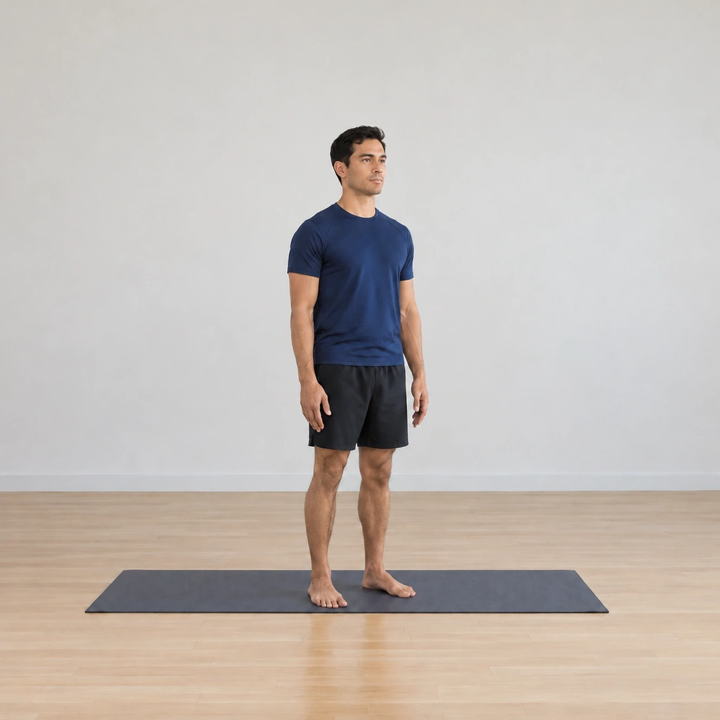He rises back to the natural stance, the arms settling low, ready to repeat the raise-and-sink.