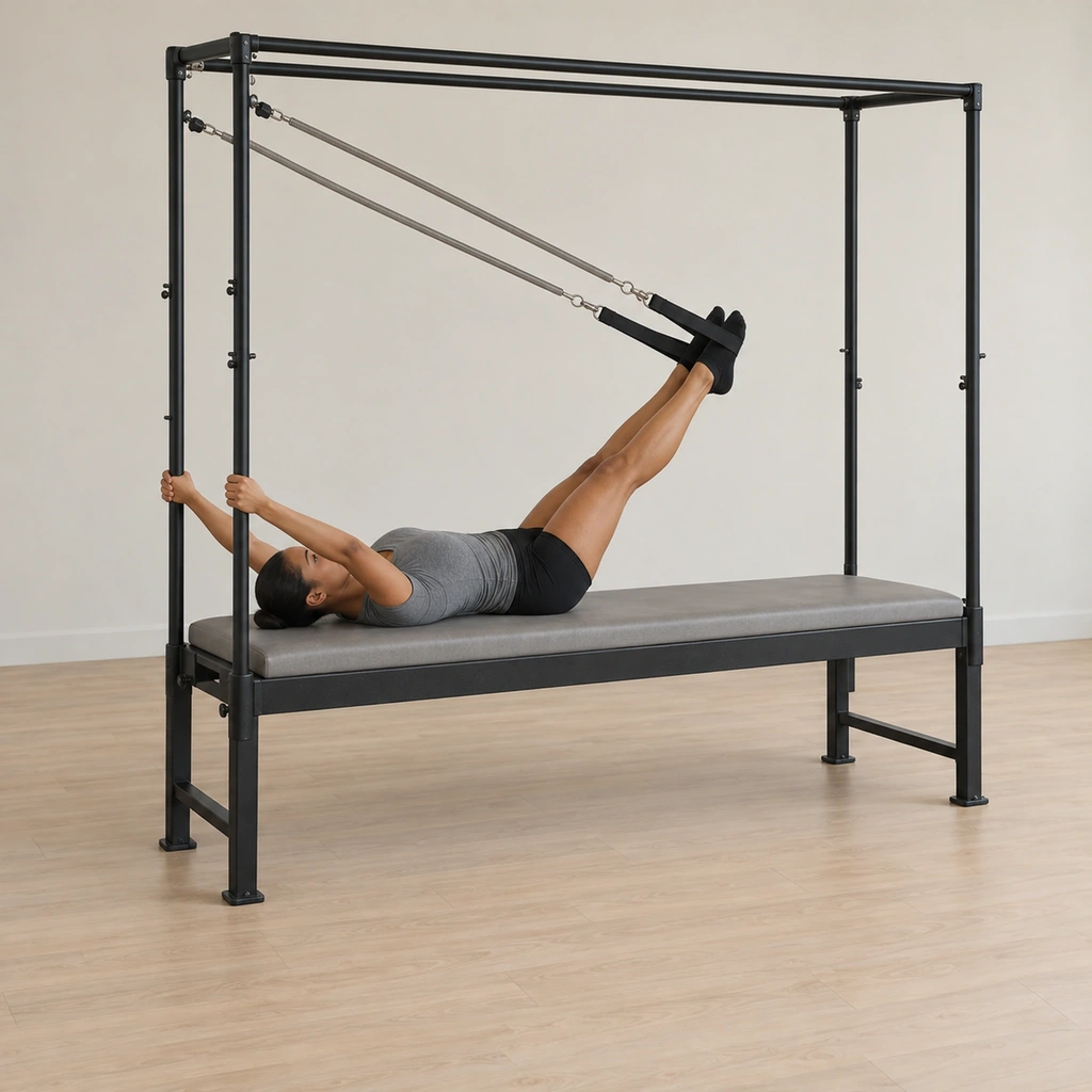 She lies supine on the table with her head toward the springs, her arms reaching into the vertical poles with her hands slightly higher than her shoulders, a sprung loop on each foot, heels together and toes apart.