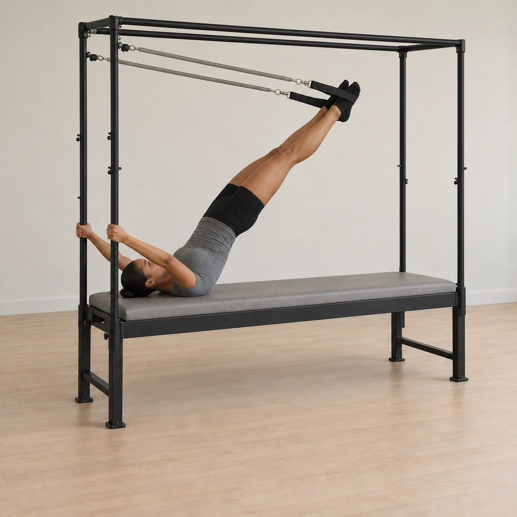 Her legs reach to the high diagonal with her heels hugged together as her hips lift off the table into a long line balanced on her shoulders and the sprung straps.