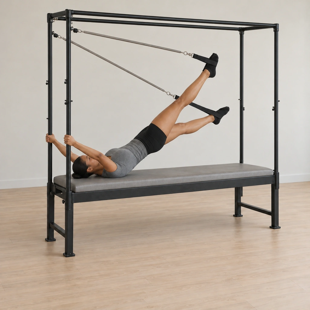 From the lifted line her right leg reaches long and lowers a short distance while her left leg holds the high diagonal, her hips staying lifted.