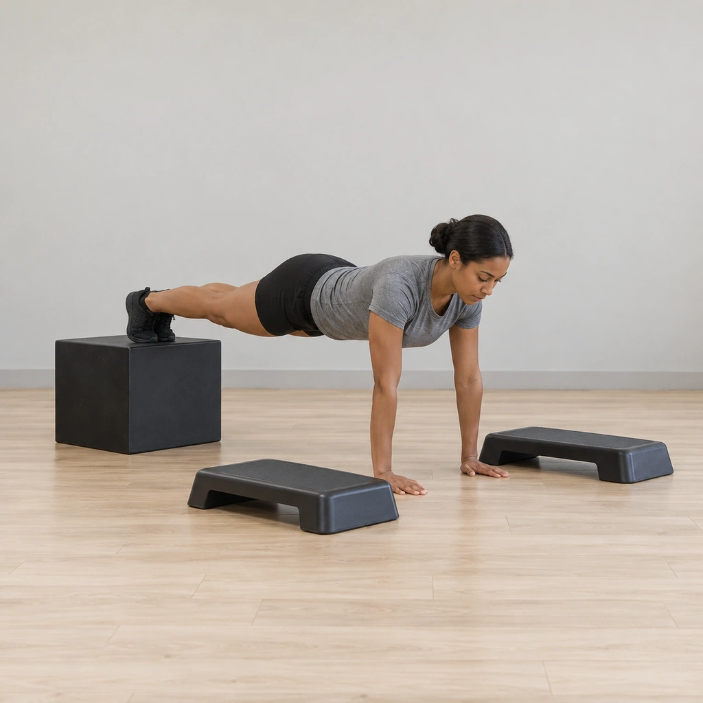 She holds an incline push-up position with her feet on the box top behind her and her hands flat on the floor just inside the two steps, elbows extended, body in one line.
