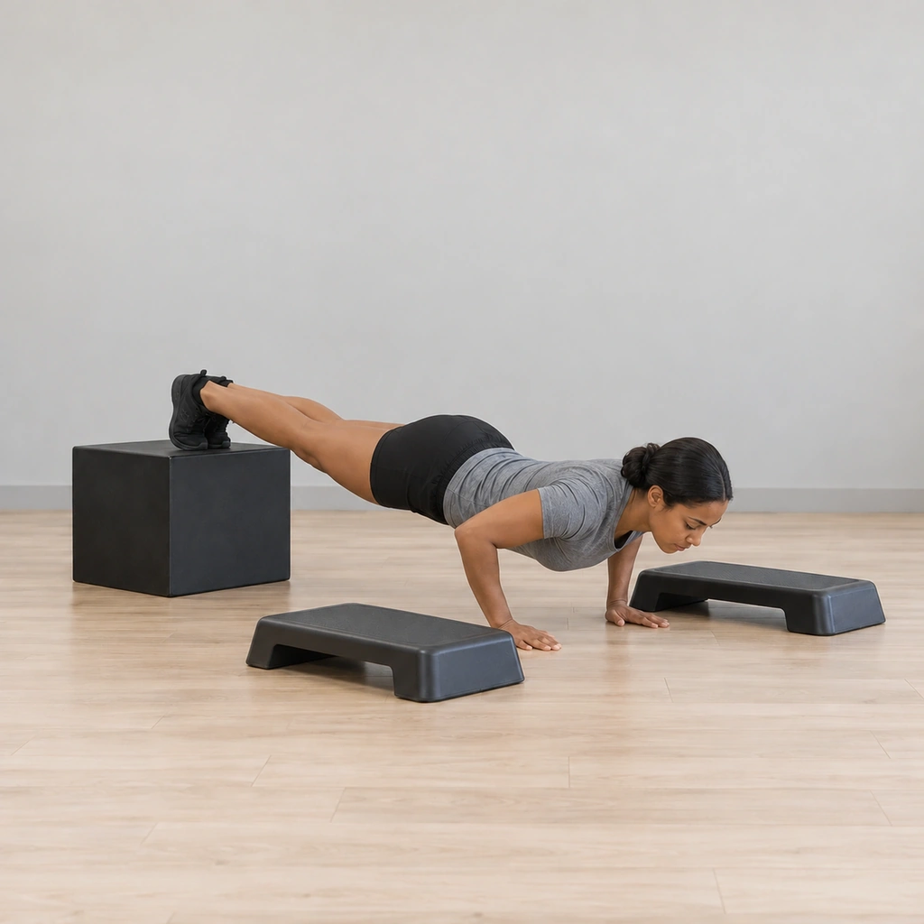 She has bent her elbows to lower her chest toward the floor between the steps, feet still on the box, body still in one line.