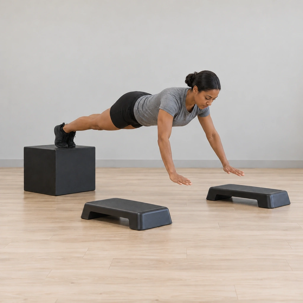 She has pushed explosively off the floor, both hands airborne rising toward the two steps while her feet stay on the box and her body holds its incline line.