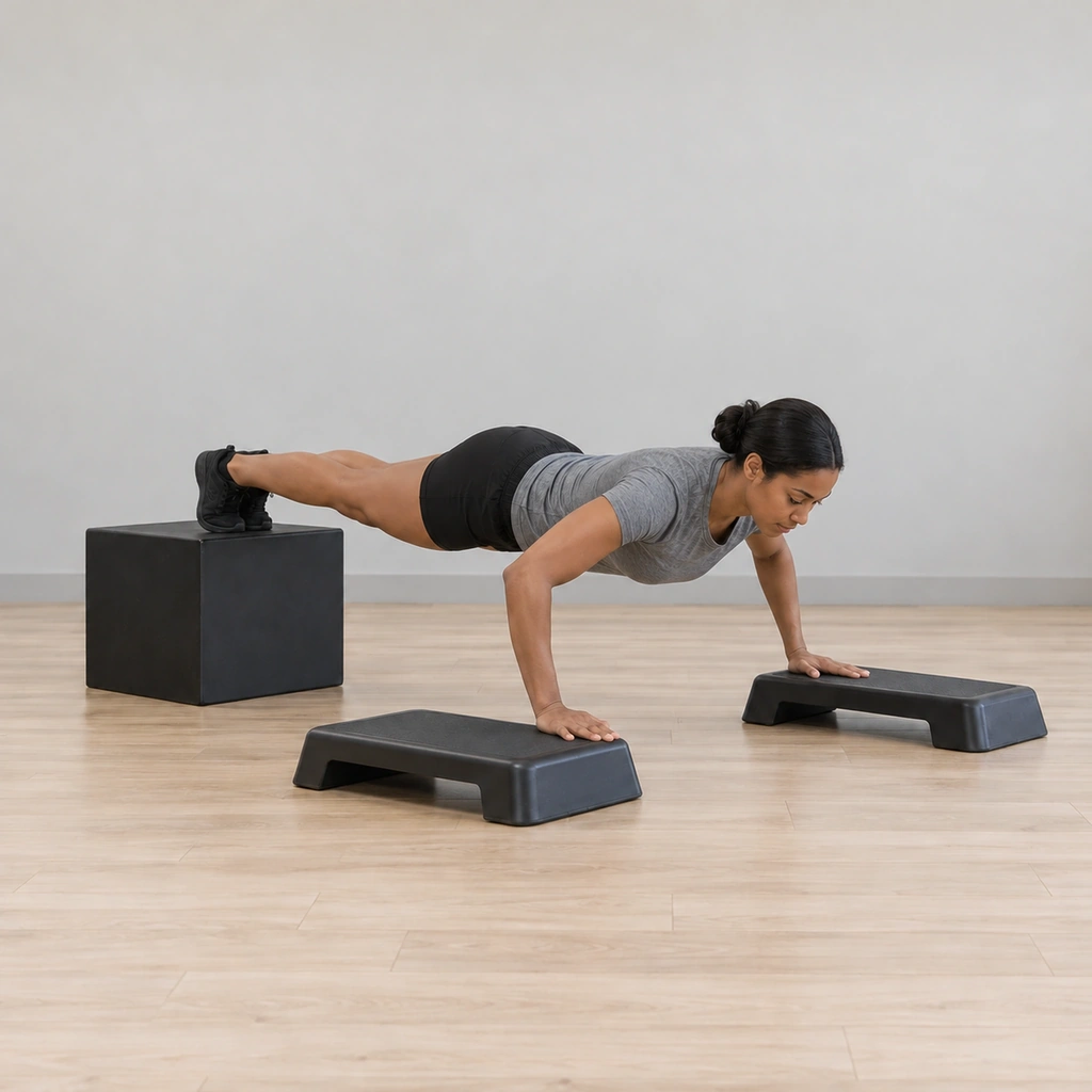 She has landed both hands on the two step tops, elbows bent absorbing the impact, feet still on the box behind her.
