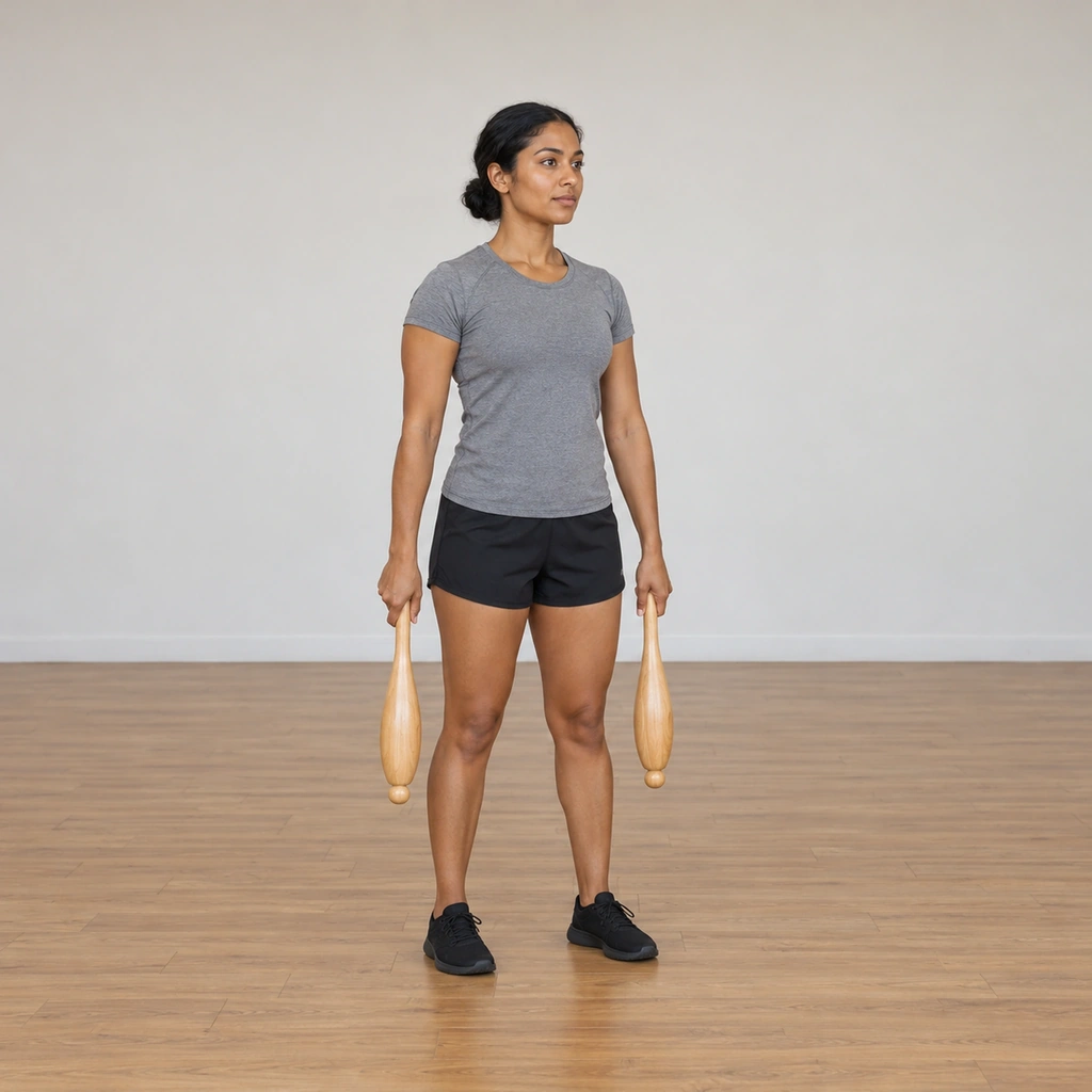 A woman stands tall holding one club in each hand, both clubs hanging vertically at her sides, her head facing forward and her knees soft.