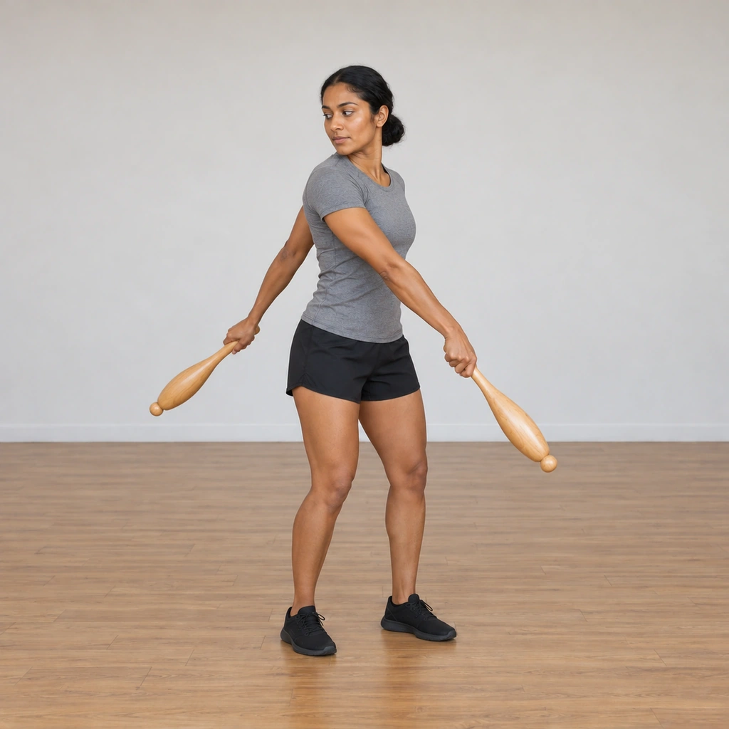 The woman swings her right club forward and her left club backward beside her legs, her head and waist turned to look at the rearward left club, her knees slightly bent.