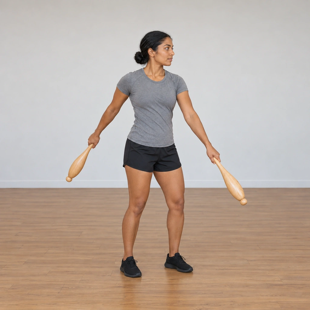 The woman's clubs pass through the bottom of their arcs: her left club now swings forward while her right club swings back, her head and waist turned toward the rearward right club.