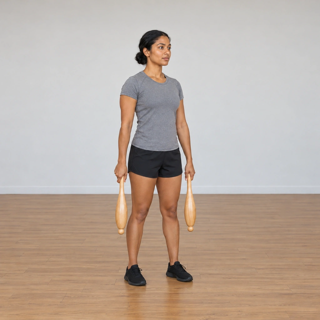 The woman slows both clubs back to rest hanging vertically at her sides, her head facing forward again and her stance square.