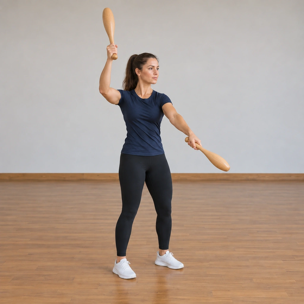 The woman has the right club rising up toward her right shoulder while the left club is being launched out across the front of her body - the anti-phase exchange.