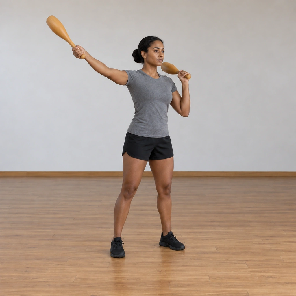 The woman has launched her right club up and out toward the right side, its head rising to the right corner, while her body turns slightly left and her left club still rests above her left shoulder.