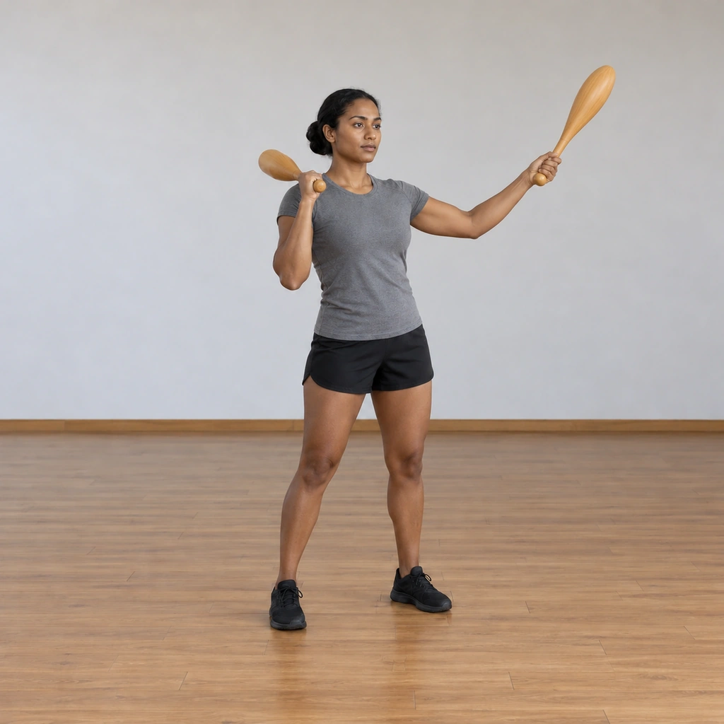The woman's right club is swinging up toward her right shoulder while her left club launches up and out to the left side; the two clubs move in opposite phases, one landing as the other leaves, her body beginning to sway right.