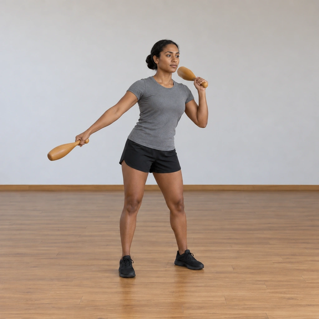 The woman stands mid-alternation: her left club swinging up toward the left shoulder as her right club launches out to the right, her body swaying with the exchange, feet still planted in the exercise stance.