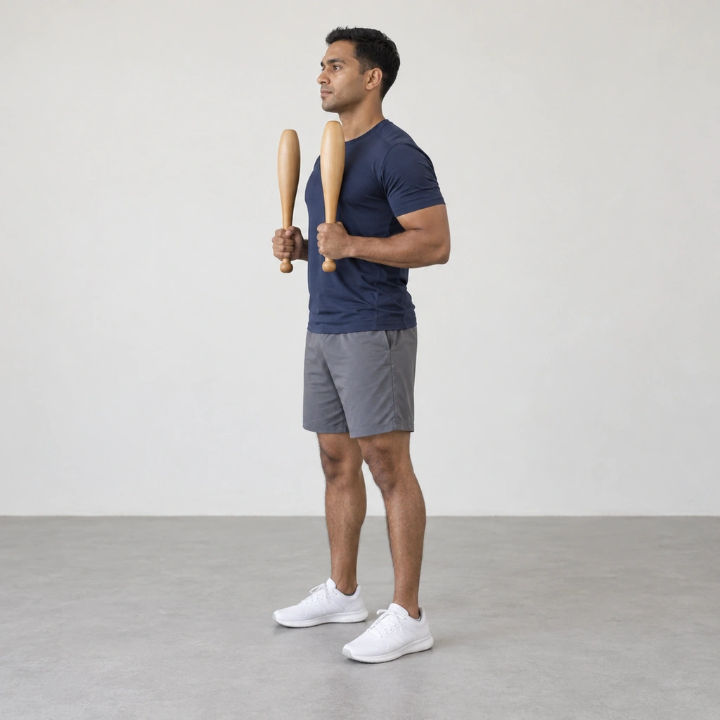 A man standing tall holding a wooden Indian club upright in each hand in front of his shoulders, elbows bent against his ribs.