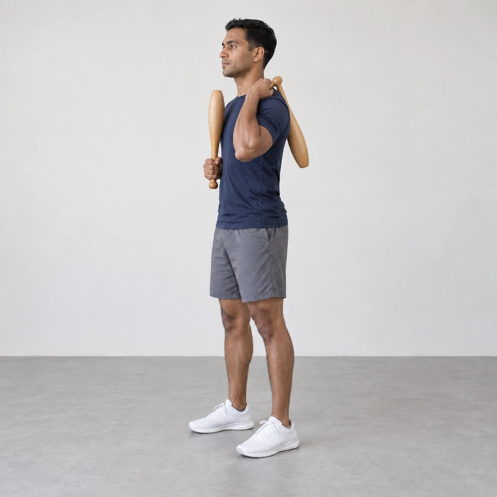 The same man with his right club folded back over his right shoulder, its head pointing down behind his back, the right elbow unmoved and the left club still held upright in front.