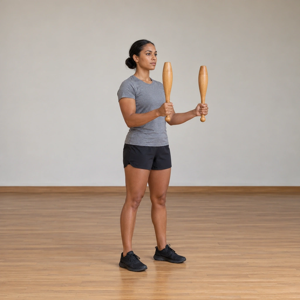 A woman stands tall holding both clubs vertically out in front of her chest, her elbows bent at about ninety degrees at her sides, the clubs pointing up.