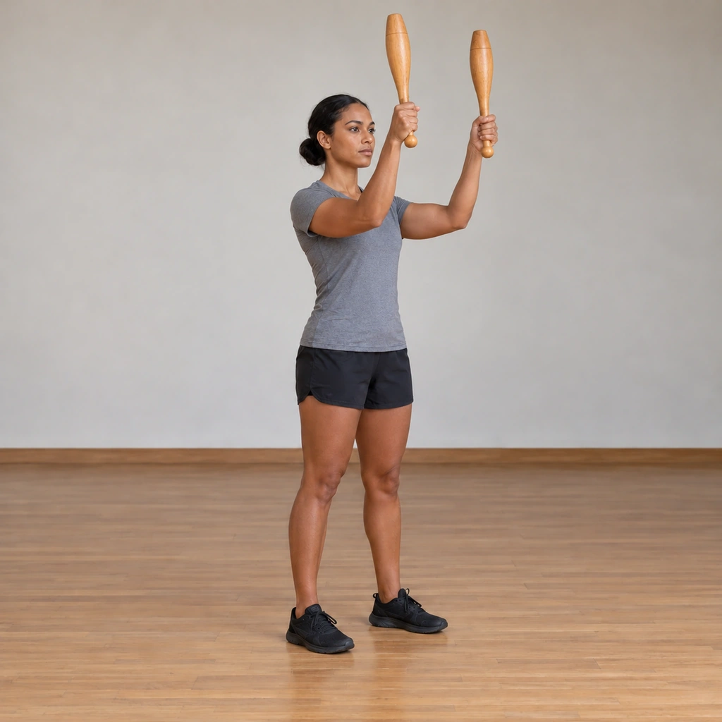 The woman raises both arms by rotating at the shoulders, her elbows still fixed at ninety degrees, the clubs travelling up and beginning to tip over behind her shoulders.